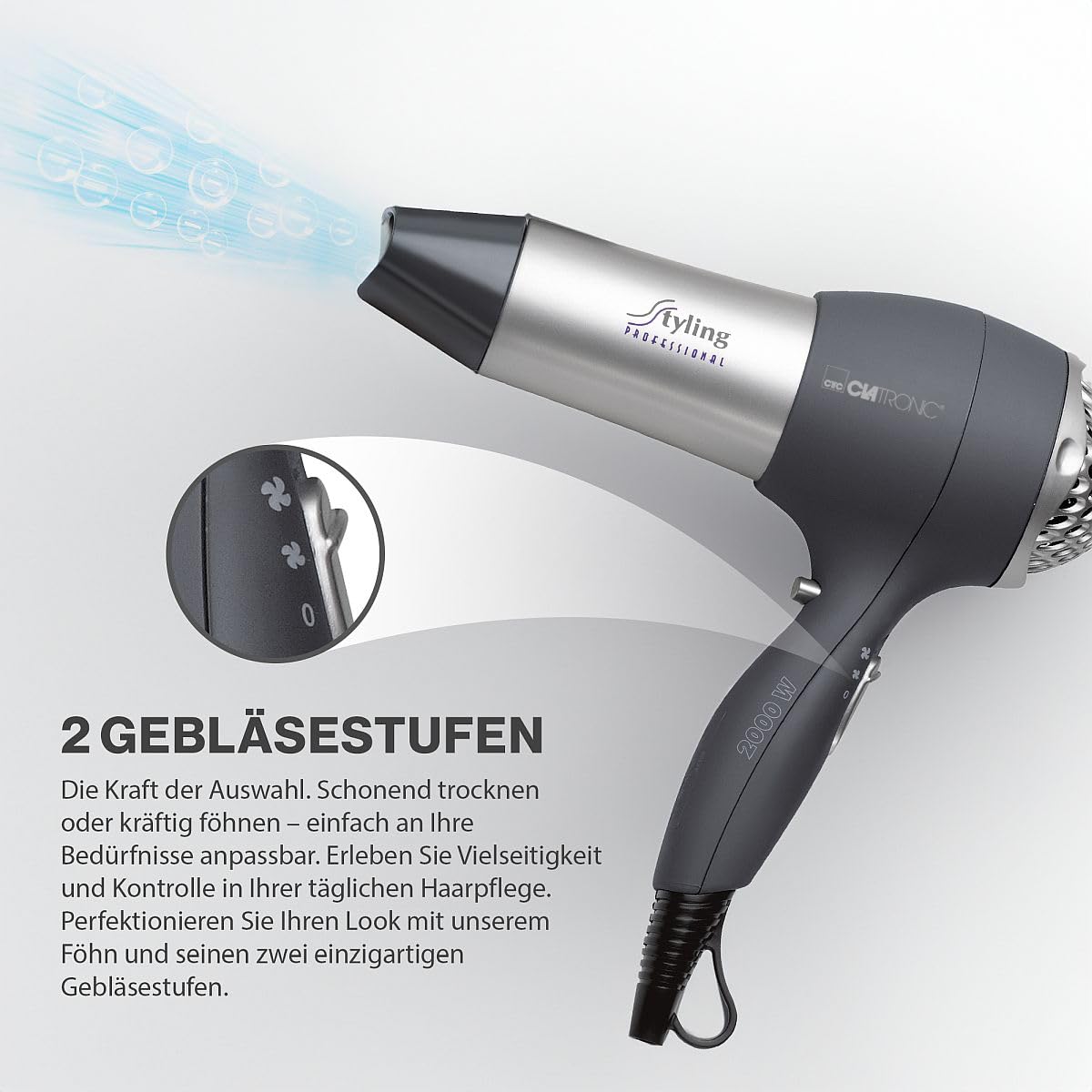 Clatronic® HTD 3055 suszarka do włosów z dyfuzorem i dyszą formującą | suszarka do włosów z "Cool Shot" dla błyszczących włosów | 3 poziomy mocy i 2 stopnie pracy dmuchawy | 2000 W | HTD 3055