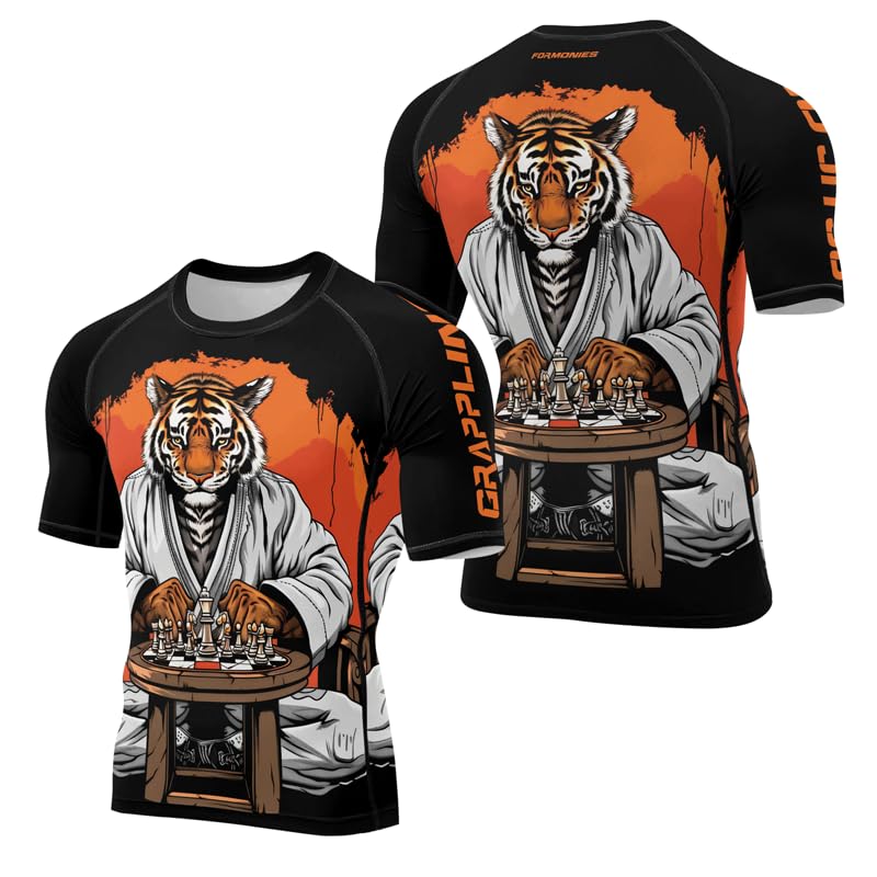 Tiger Short Sleeve Compression Rash Guard Men’s Baselayer Combat Shirts Jiu Jitsu MMA BJJ No Gi Training