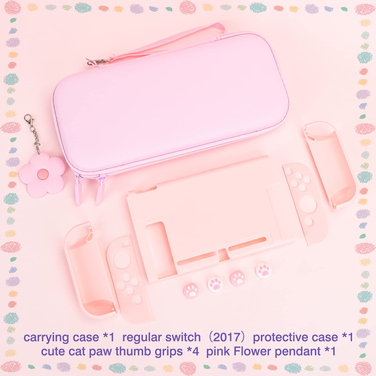 DLseego Custodia da Trasporto per Switch,Custodia da Viaggio con Guscio Protettivo Dockable,4 Coperture con Impugnatura per Il Pollice e 1 Grazioso Ciondolo a Forma di Fiore,Rosa