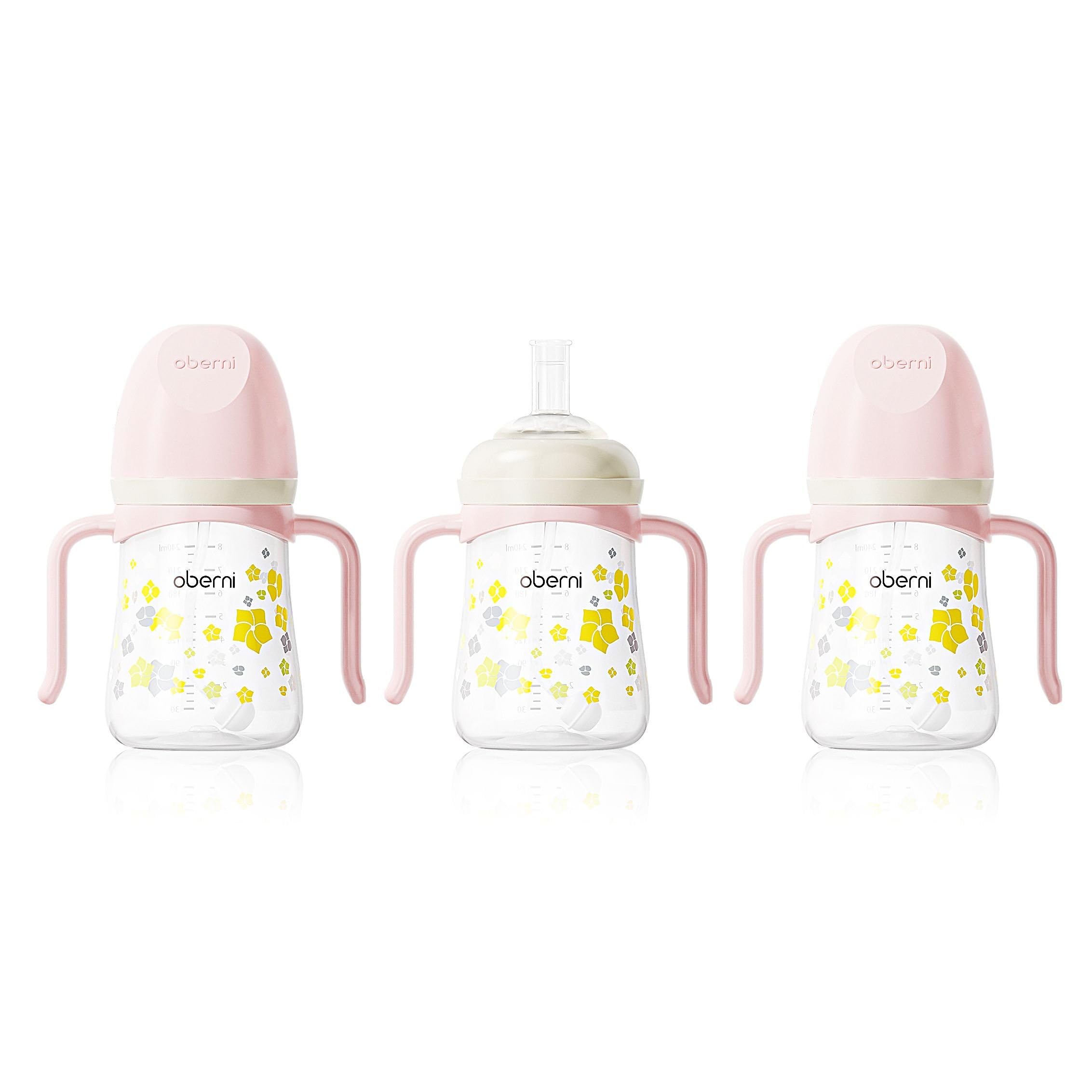 Oberni Non Spill Sippy Cup 300ml, Trinklernbecher auslaufsicherer für Kleinkind ab 6 Monate, BPA frei Trinkflasche, Baby Wasserflasche mit Strohhalm, Rosa/3 Stück