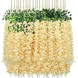 Pauwer Wisteria Hanging Flowers 24 Pack Fake Flower Garland Artificial Wisteria Vines Rattan Silk Flower String Wedding Party Wall Decorations,Champagne