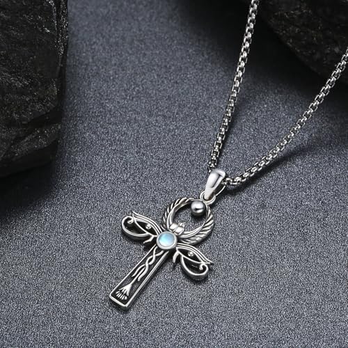 KiiKii Ankh Necklace Men 925 Sterling Silver Moonstone Ankh Pendant Cross Eye of Horus Necklace Ancient Egyptian Jewelry Gifts for Women Birthday Anniversary Christmas3