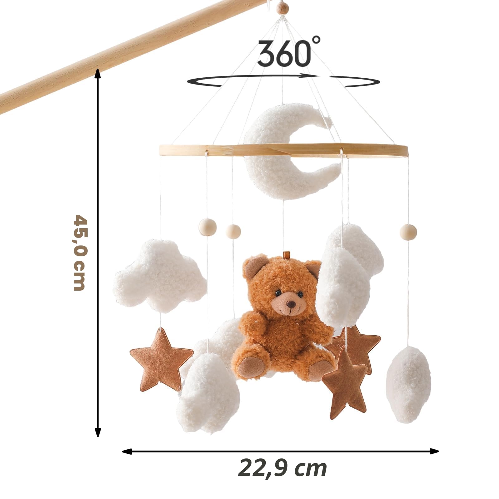 Herfair Cloche de lit mobile pour bébé avec ours en peluche - En bois - Carillon mobile à suspendre - Pour lit de bébé - Marron