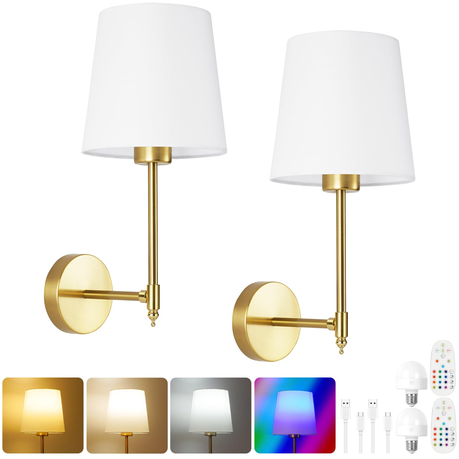 HOTUT Wandlampe Akku Innen, 2 Stück Wandleuchte kabellos Schwarz mit Glühbirnen und Fernbedienung, 15 Farben dimmbare, Batteriebetrieben Wiederaufladbare Wandleuchte für Wohnzimmer Schlafzimmer Flur