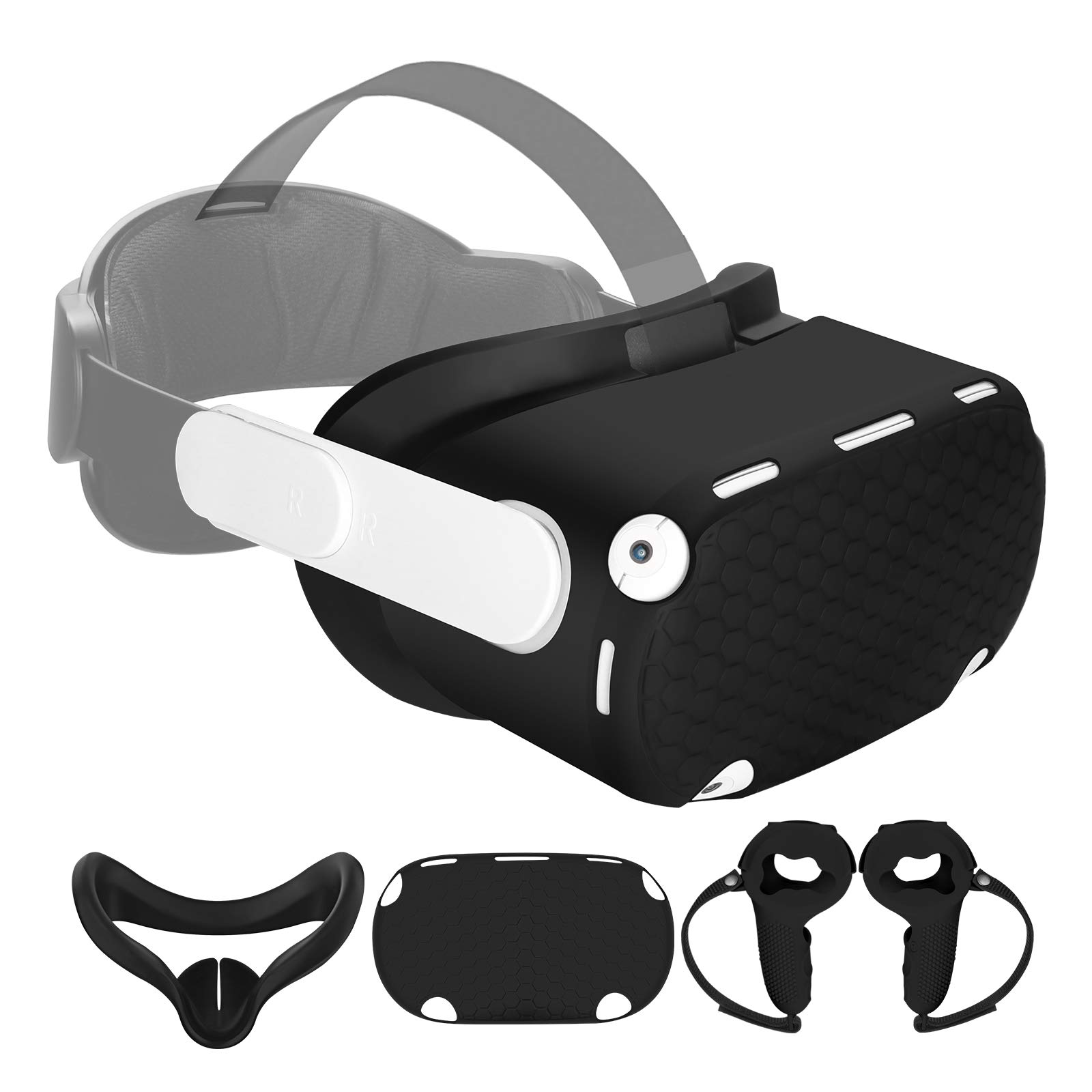 Vakdon 4in1 VR Silicone Accessories Set for Oculus Quest 2, Includes Silicone Eye Cover,Touch Controller Grip Cover with Knuckle Straps,VR Protective Shell and 2*Thumb Stick Caps,Anti-Throw Sweatproof