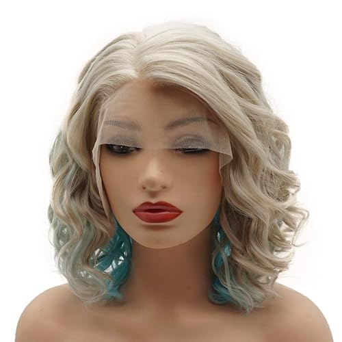 Miniatura 3 de Peluca de cabello rizado corto de 13 pulgadas rubio miel mezcla azul peluca media atada a mano resistente al calor sintético encaje frontal pelucas