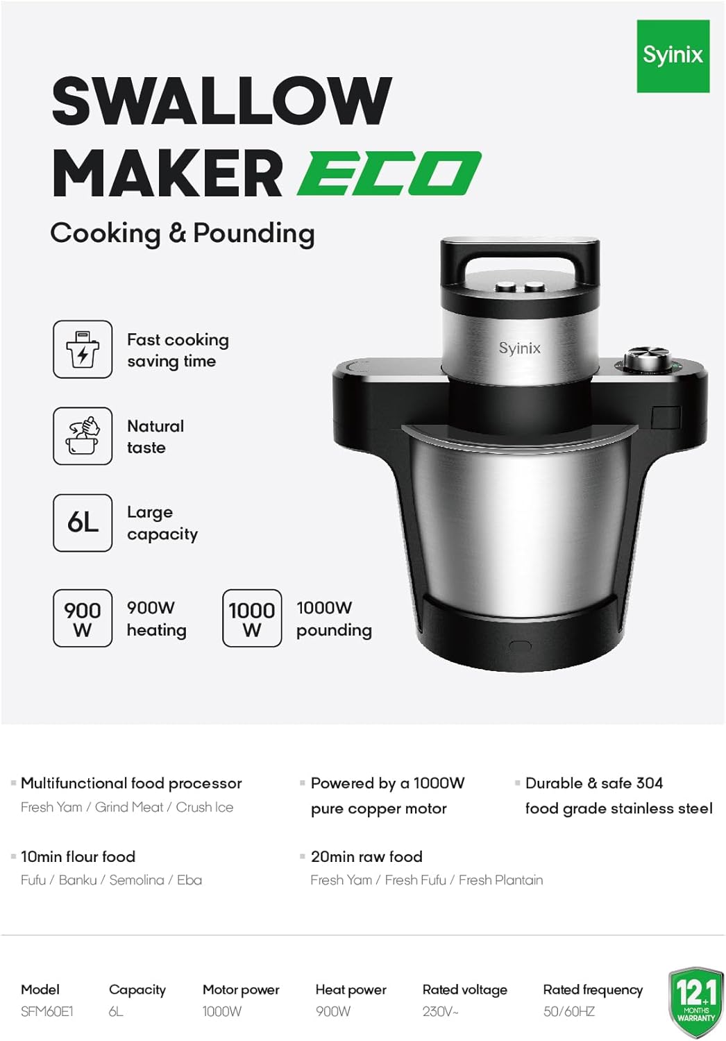 Syinix Swallow Maker Eco Semi Automatic, Food Processor, Food maker, Fufu Machine for African Food Swallow Mixer for Fufu, Banku, Ugali Amala, Semolina, Mashed Potatoes and Pounded Yam with Non-Stick