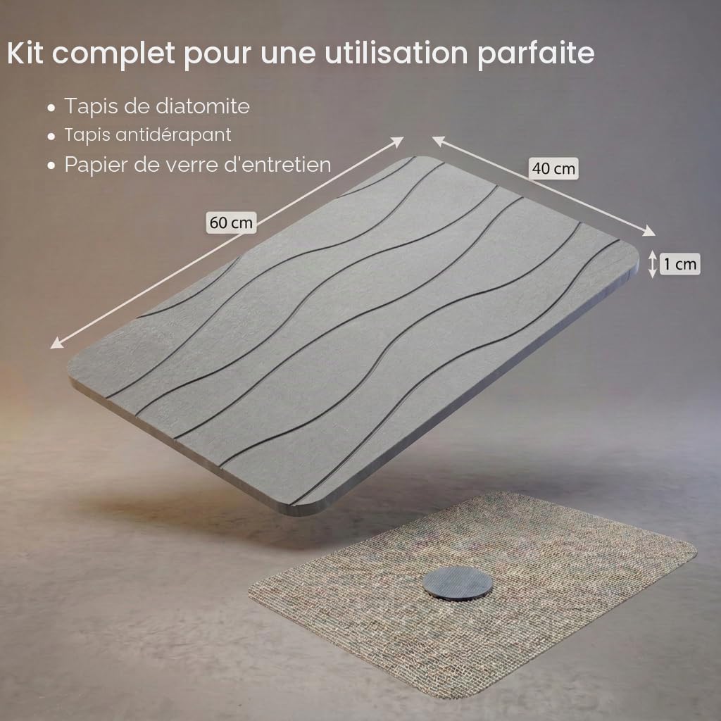 Tapis de Bain Diatomite 40x60 cm, Séchage Rapide, Antidérapant, Anti-Moisissure, Gris Clair