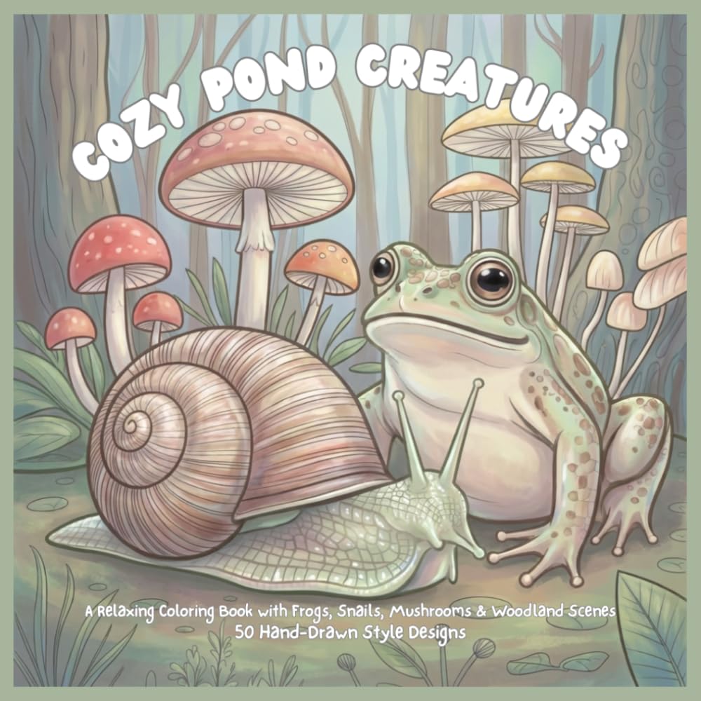 Cozy Pond Creatures: A Relaxing Coloring Book with Frogs, Snails, Mushrooms & Woodland Scenes