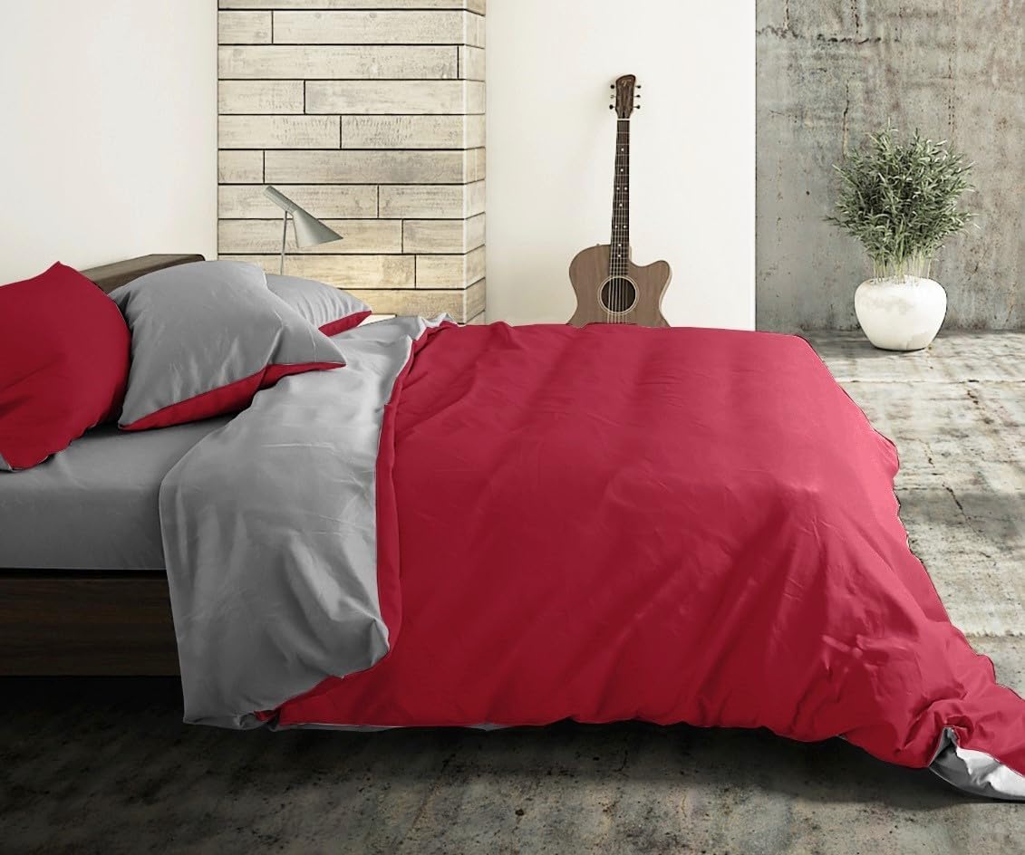 Parure de lit housse de couette bicolore en coton italien doux bordeaux gris