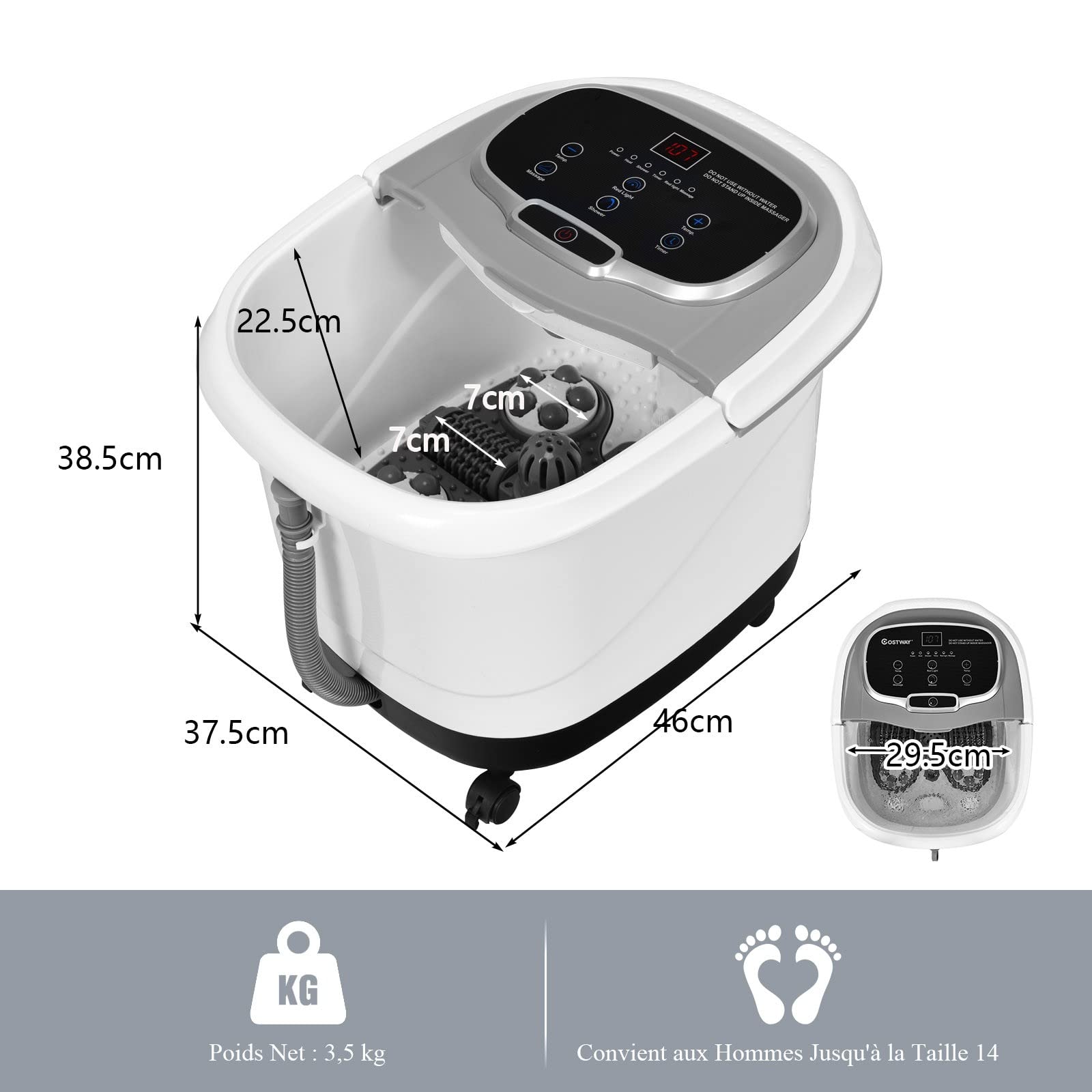 RELAX4LIFE Bain de Pieds Hydromasseur, Bain Massage Électrique avec Minuterie 10-60 Min, Température Réglable 35-48°C, Thalasso Pied avec Rouleaux Amovibles, Roues Verrouillables pour Détendre Pieds