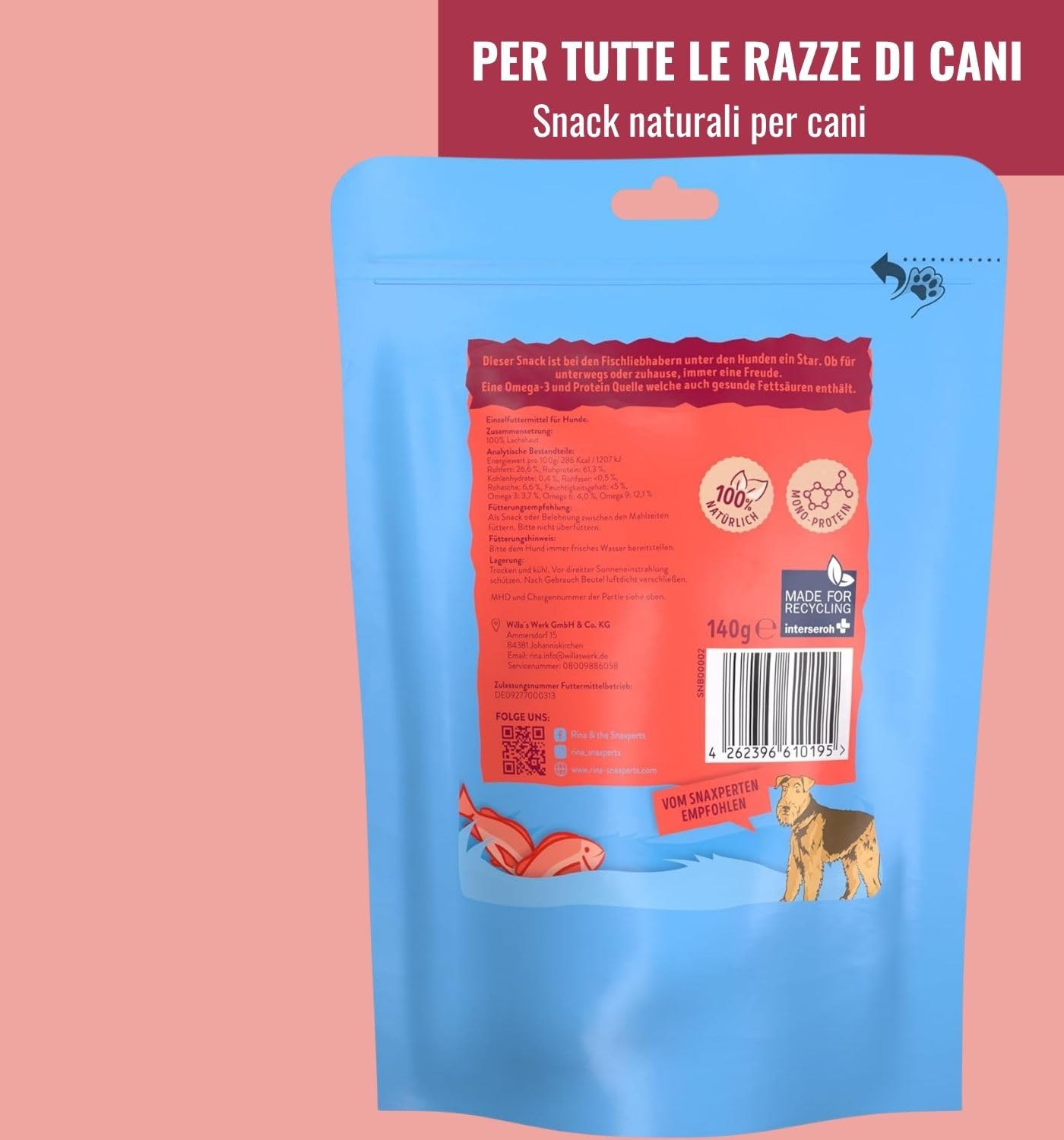 RiNa Trecce di salmone Snack di pesce per cani, snack da masticare con