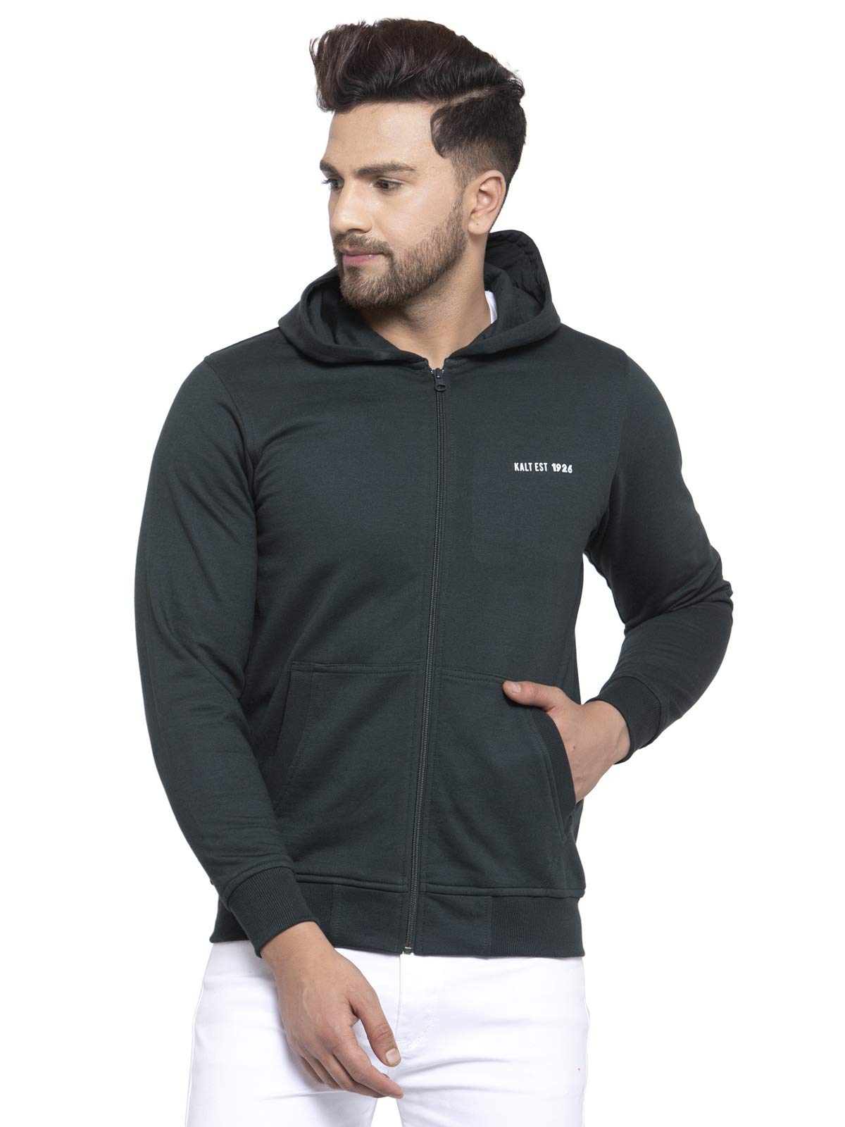 kalt Men Full Sleeves Zipper Fleece Hoodie(Bottle Green)-picture-49