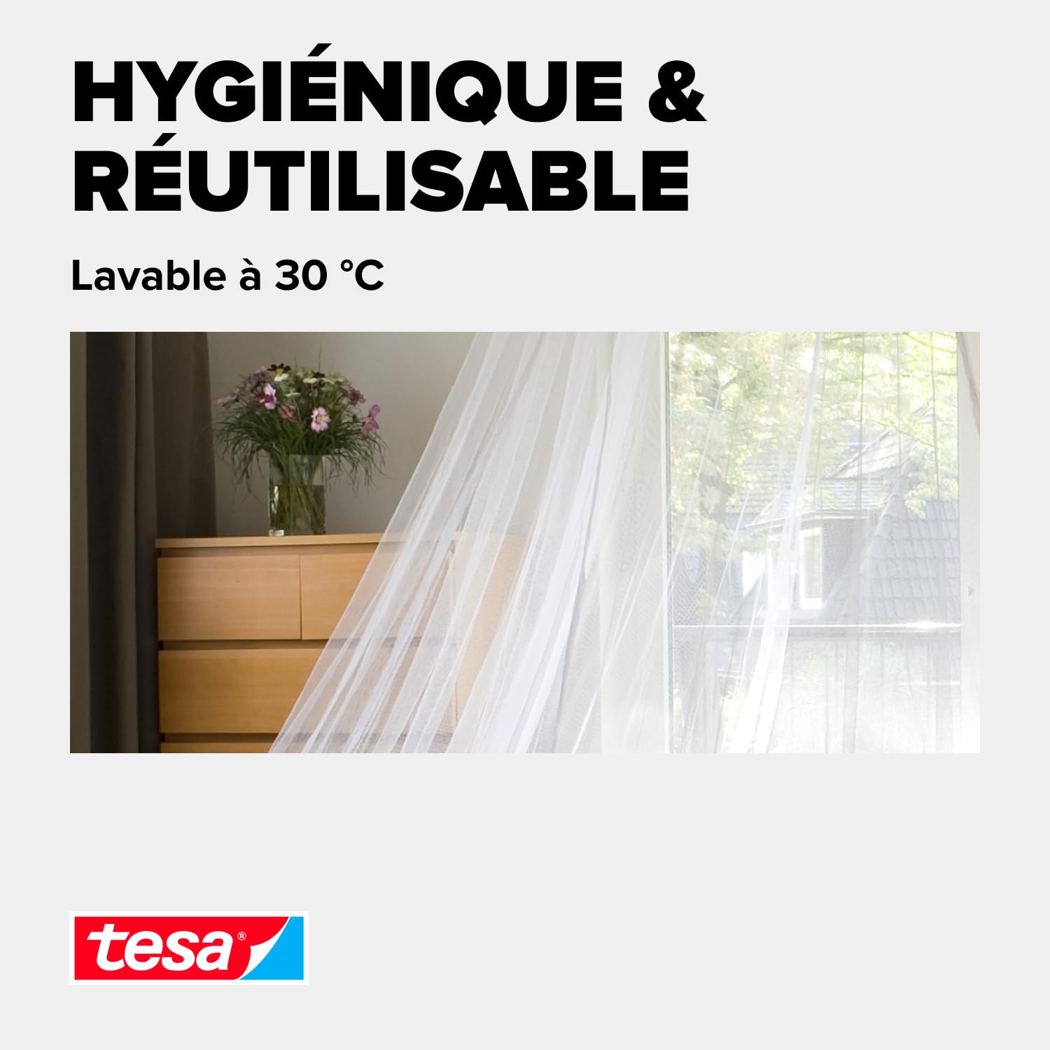 Tesa Stop Moustiquaire Voile Comfort – Ciel Anti-Insectes avec Crochet Adhésif – pour Le Voyage et la Maison – Lit Simple ou Double – avec Sac de Transport – Blanc 55836-00020-00