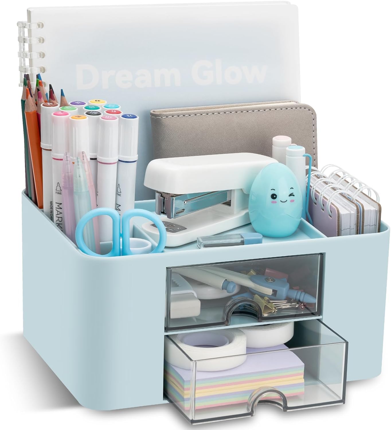 JWWYJ Desk Organizer with 2 Drawer, Multi-Functional Pencil Pen Holder for Desk, Desk Organizers and Storage with 5 Compartments, Desktop Organizer for Office Home Art Supplies (Blue)