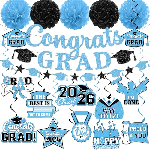 Light Blue Graduation Decorations 2026 Graduation Decorations Class Of 2026 Light Blue Graduation Decorations Banner Congrats Grad Hanging Swirls for College Grad Party