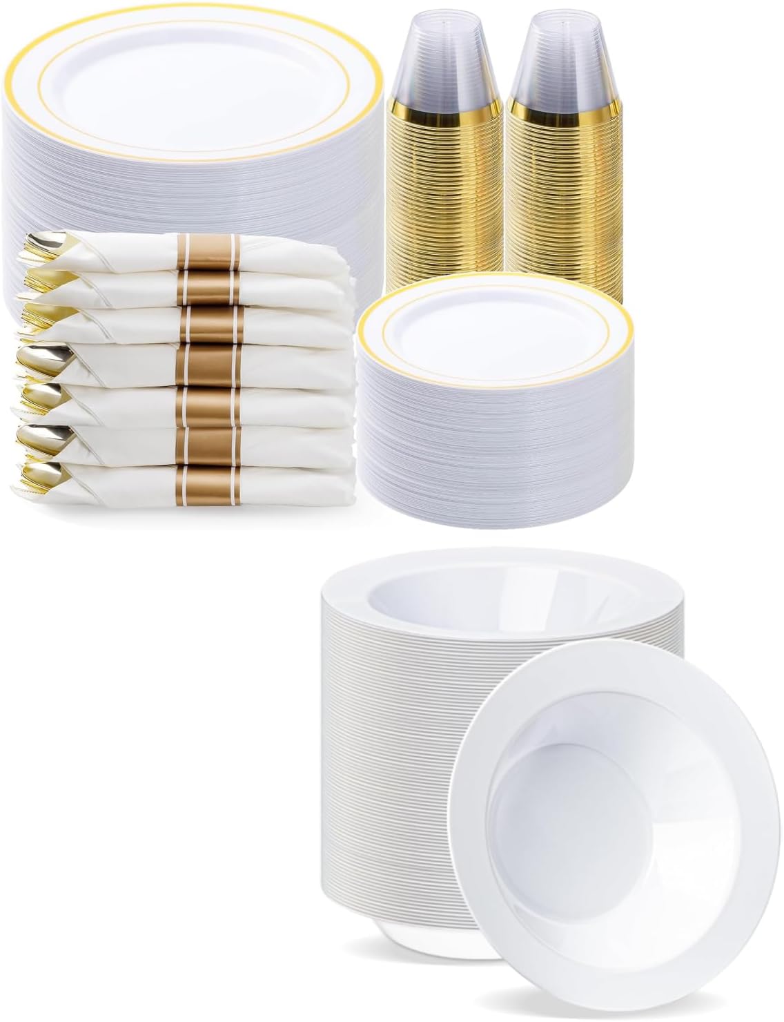 BESTVIP Gold Plastic Dinnerware Set, Disposable Party Plates for 50 Guests, Include: 100 Plastic Plates, 100 Bowls, 50 Pre Rolled Napkins with Gold Silverware, 50 Cups