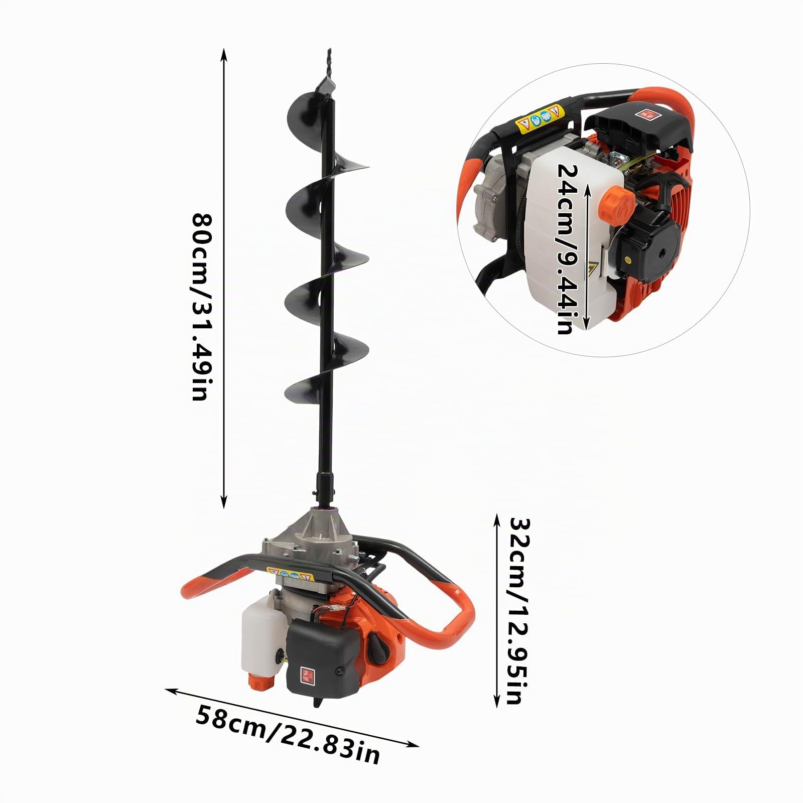 52CC Benzin Erdbohrer Zaunpfosten, 2-Takt Erdlochbohrer Erdbohrgerät Gartenbohrer Bodenbohrer, Handheld, Erdlochbohrer Pfahlbohrer mit 3 Bohrer Durchmesser (100, 150, 200 mm)