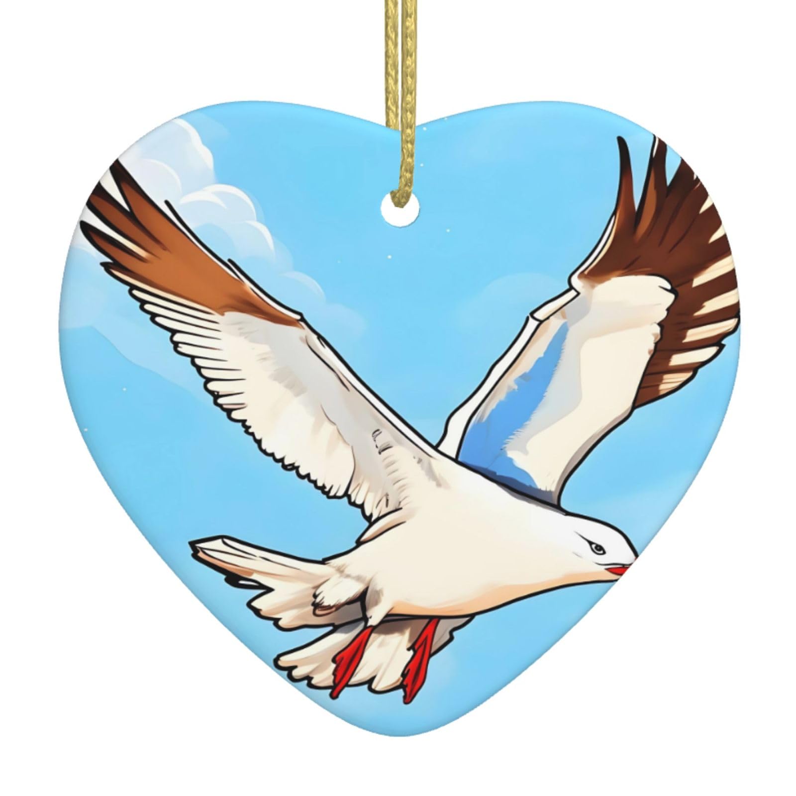 Flying Seagulls Ceramic Christmas Heart Pendant with Silk Thread, Christmas Tree Home Decoration