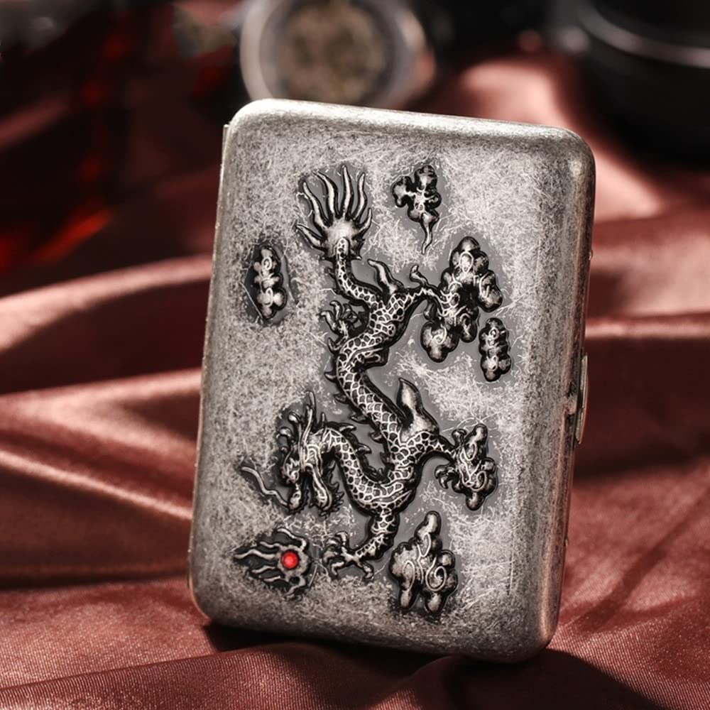 Portable Solid Copper Pocket Carrying Cigarette Box Case 16 Capacity for Regular Size Cigarettes with Gift Box for Men Women Smokers (3D Carved Dragon)