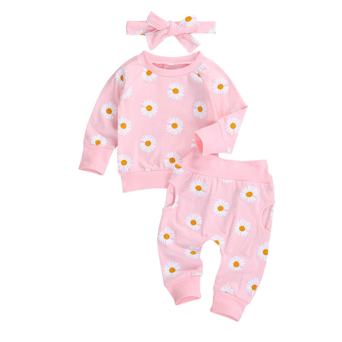 Newborn Baby Girl Fall Clothes Little Daisy Long Sleeve Sweatshirt Top + Pockets Pants + Headband 3Pcs Outfit Set (A-Big Daisy Pink,12-18 Months)