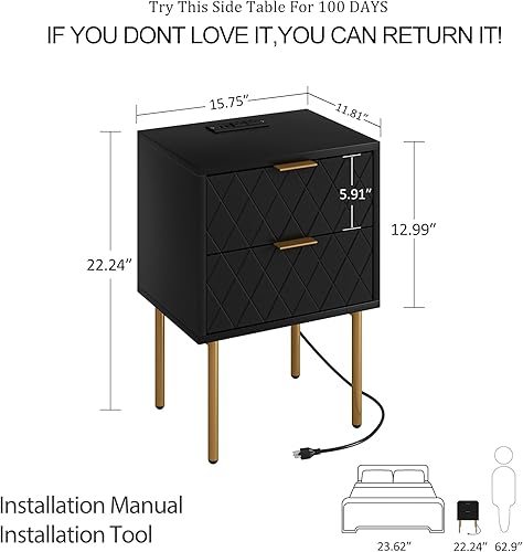 Miniatura 2 de Masupu Mesita de noche con estación de carga, moderna mesita de noche de mediados de siglo con 2 cajones de almacenamiento, mesa auxiliar pequeña