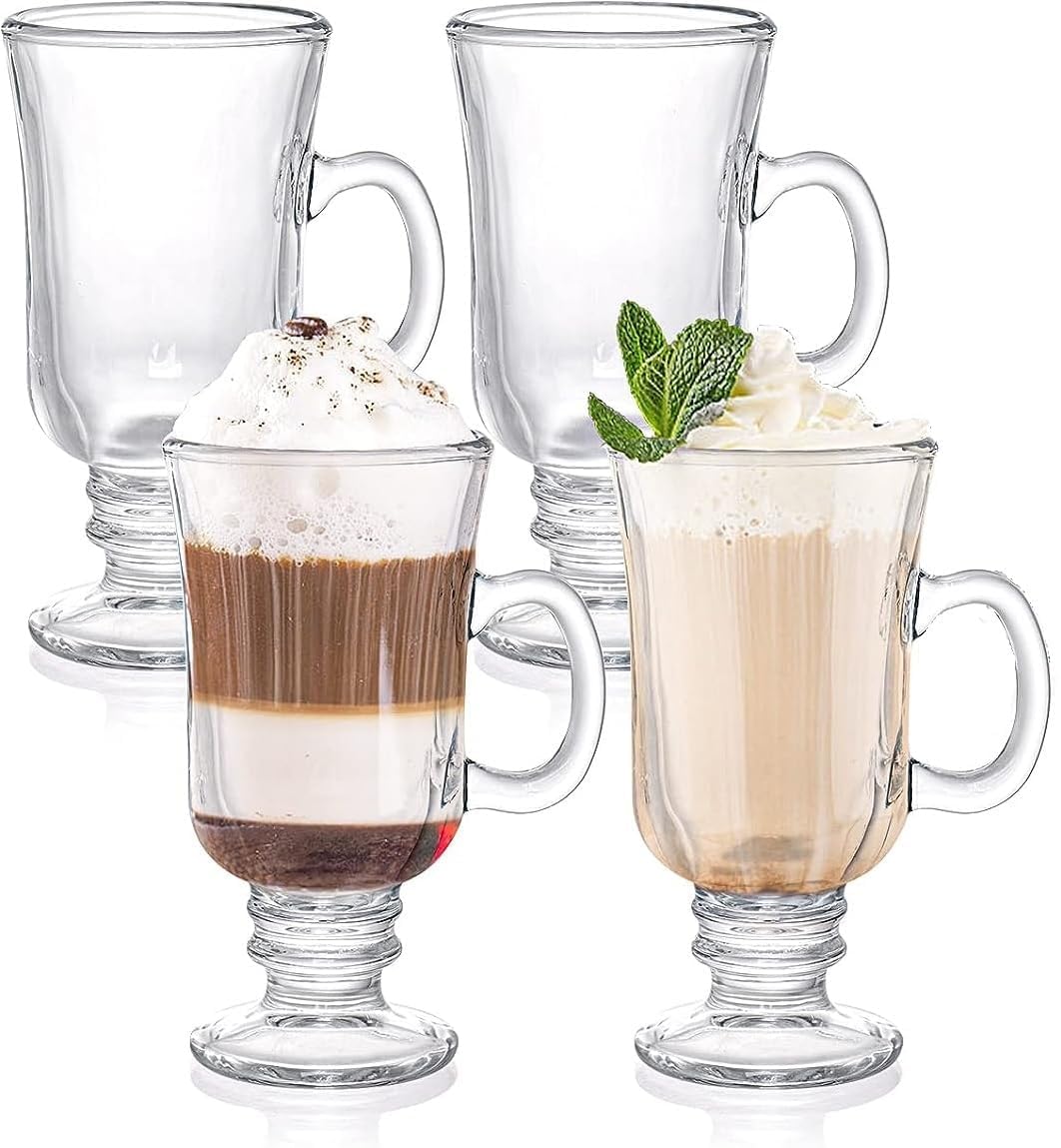 Air Son Irish Glass Tea Coffee Glass Mug Irish Latte Cups Milkshake Falooda & Juice Cappuccino and Hot Chocolate Mugs with Handle Clear Glasses Mugs Milk Hot Beverages(250 ML; Set of 4)