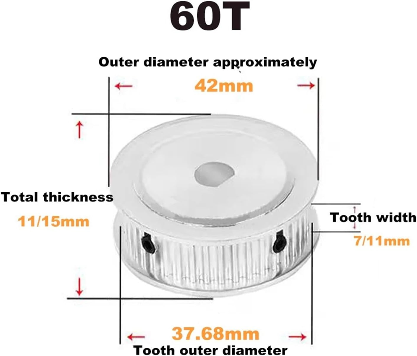 D Hole 2GT Timing Pulley 40T 50T 52T 60Teeth GT2 Synchronous Wheel Bore 5x4.5/6x5.5/8x7/8x7.5/10x9mm for Belt Width 6mm/10mm(8x7.5mm,60TEETH1PCS_11MM)