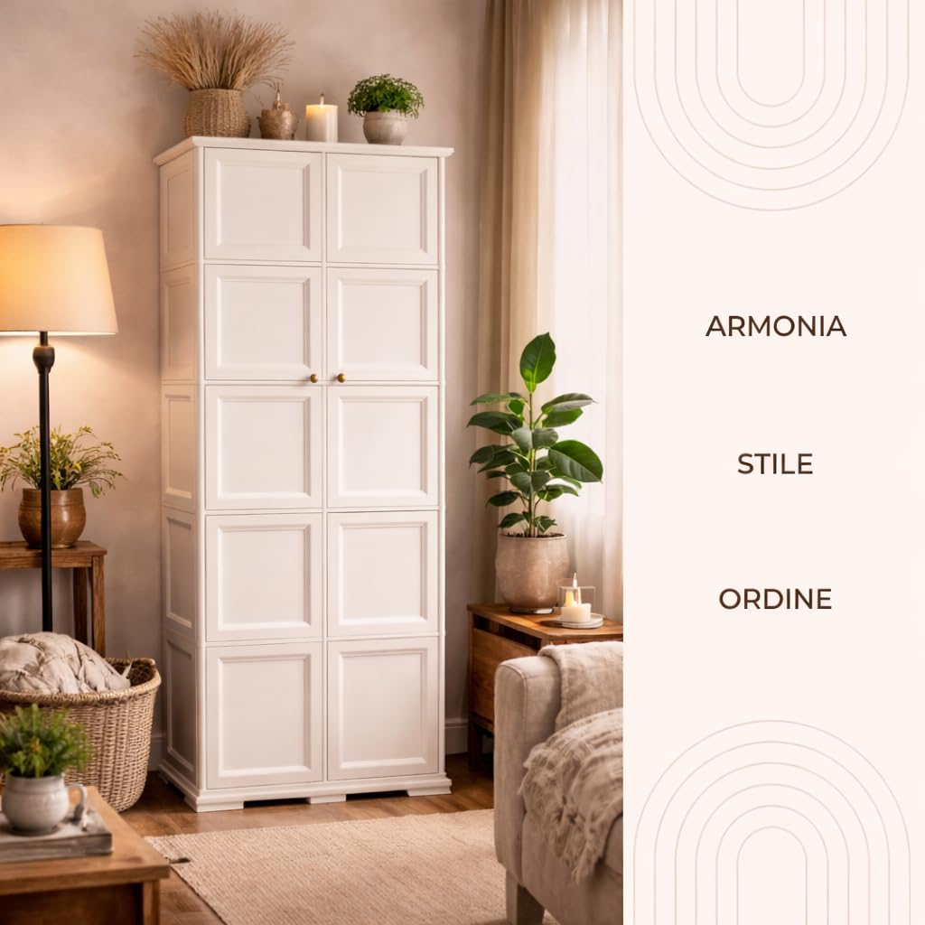 Armadio in Plastica 79 x 43 x 203 cm con 5 Moduli – Mobile Alto Contenitore Salvaspazio per Organizzazione Casa, Zona Living e Ingresso (Angora)