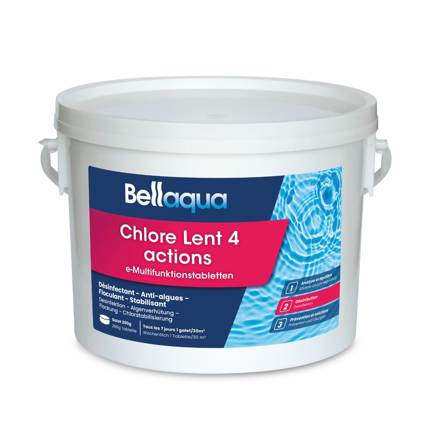 Bellaqua Chlore Lent Multifonction Piscine 3 kg - Galets de Chlores 200g - Traitement Complet Piscine - Désinfection, Anti-Algues, Floculant, Protection du Chlore