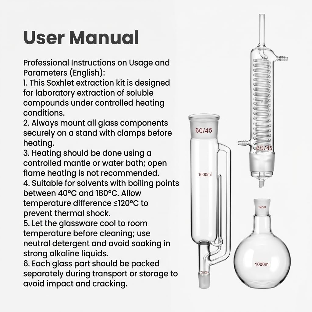 QWORK Kit extractor Soxhlet de 1000 ml con botella de extracción de vidrio de borosilicato alto, tubo de extracción y condensador, junta 29/32 para matraz, junta 60/45 para condensador y tubo de