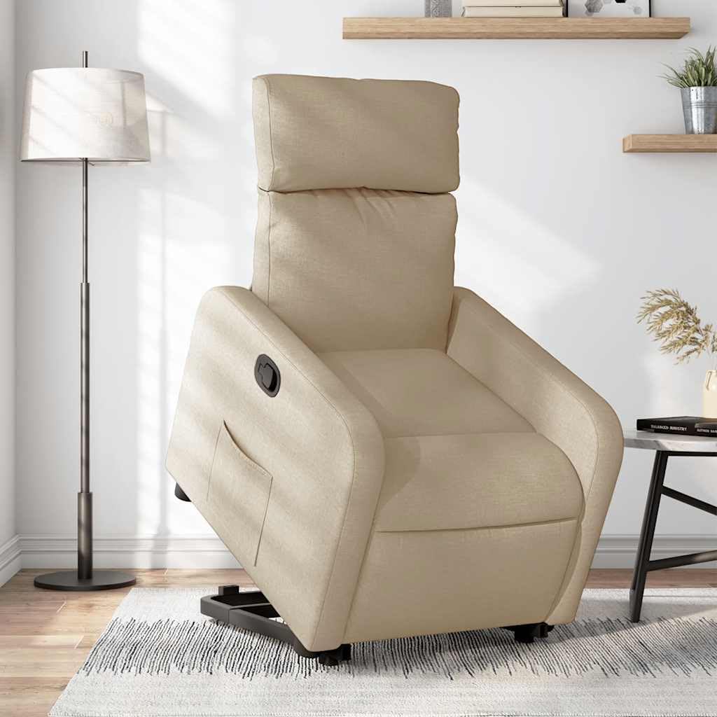 Sillón elevador reclinable de tela color crema con motor eléctrico y reclinación manual, asiento acolchado y marco estable, función de elevación para personas mayores, máxima
