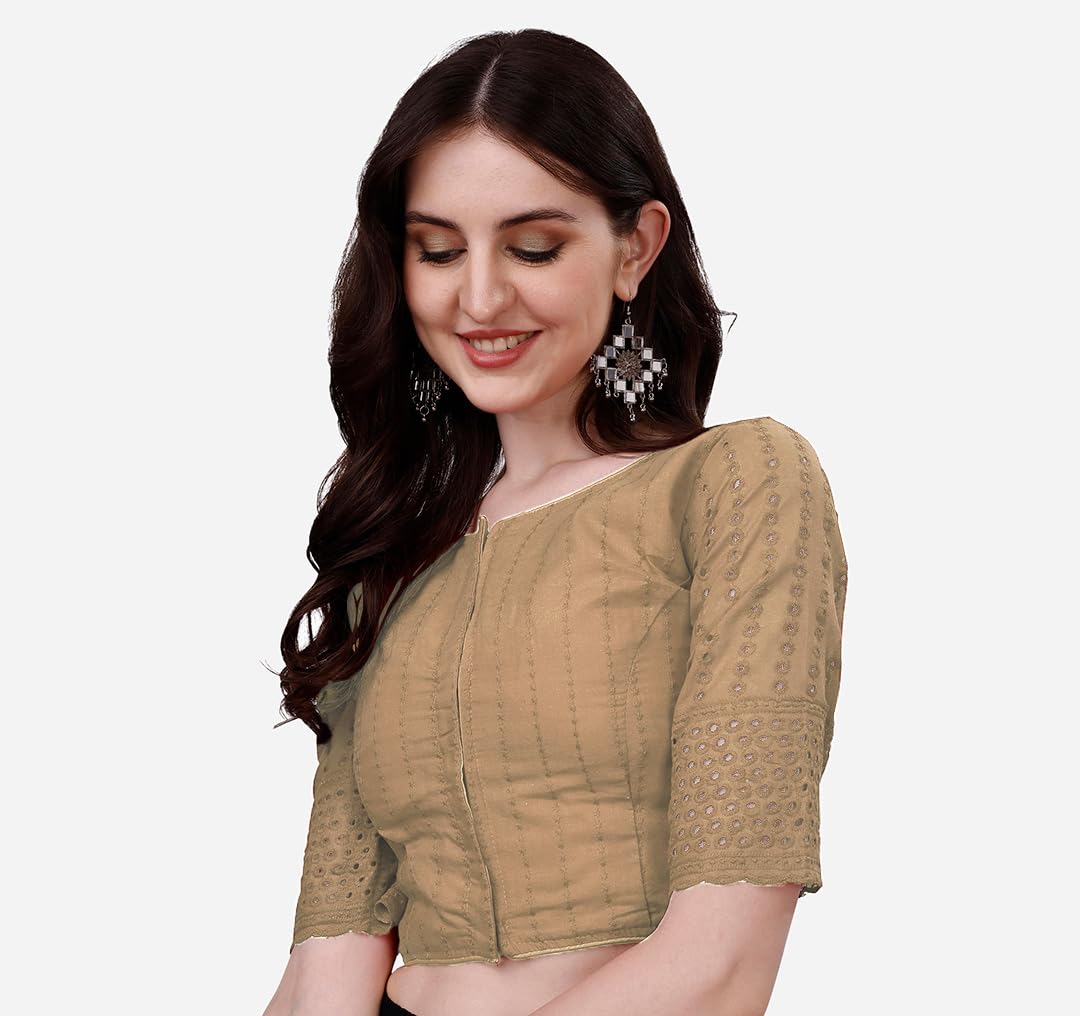 Pujia Mills Women's Trendy Hakoba Chikankari Work Half Sleeve Cream Saree Blouse(Hakoba 13 Cream_38)