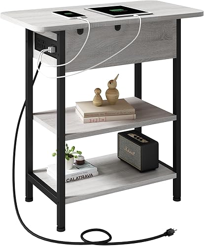 LIDYUK Mesa auxiliar con estación de carga, mesa auxiliar abatible con puertos USB y tomas, mesita de noche para espacios pequeños, mesitas de noche