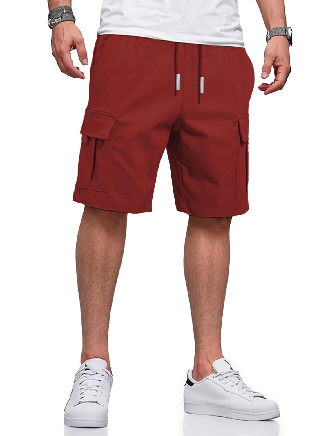 HUNGSON Mens Cargo Shorts Drawstring Classic Chino Stretch 9" Inseam Short with 6 Pockets