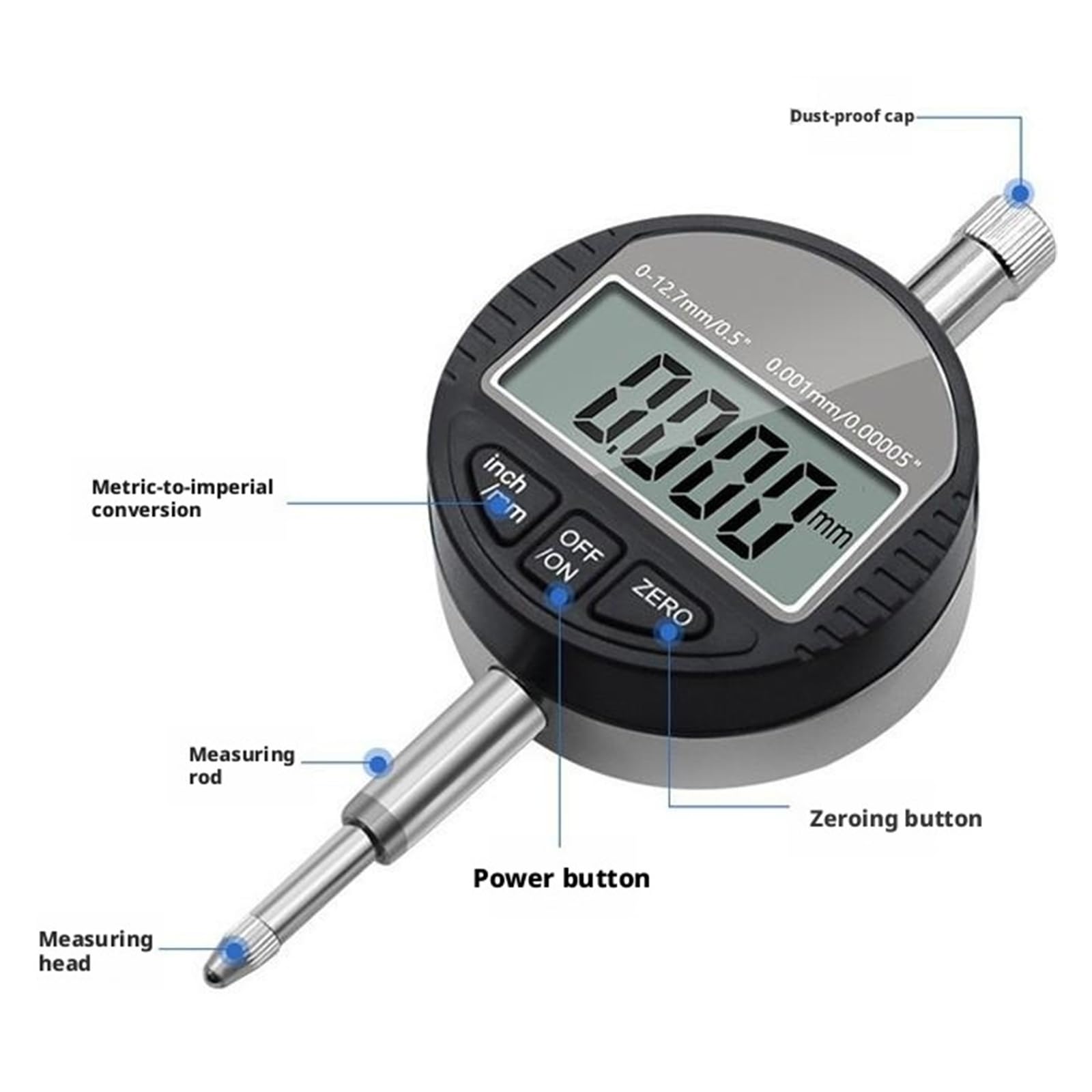 Micrómetro electrónico de 0,001 mm, micrómetro digital de 0,00005 pulgadas, rango métrico/pulgadas, indicador de cuadrante de 0-12,7 mm/0,5 pulgadas