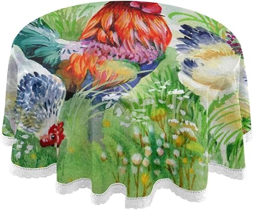 OREZI Mantel redondo vintage de pollo y gallo en la hierba para el hogar, cocina, restaurante, mesa de comedor, mantel impermeable resistente a las