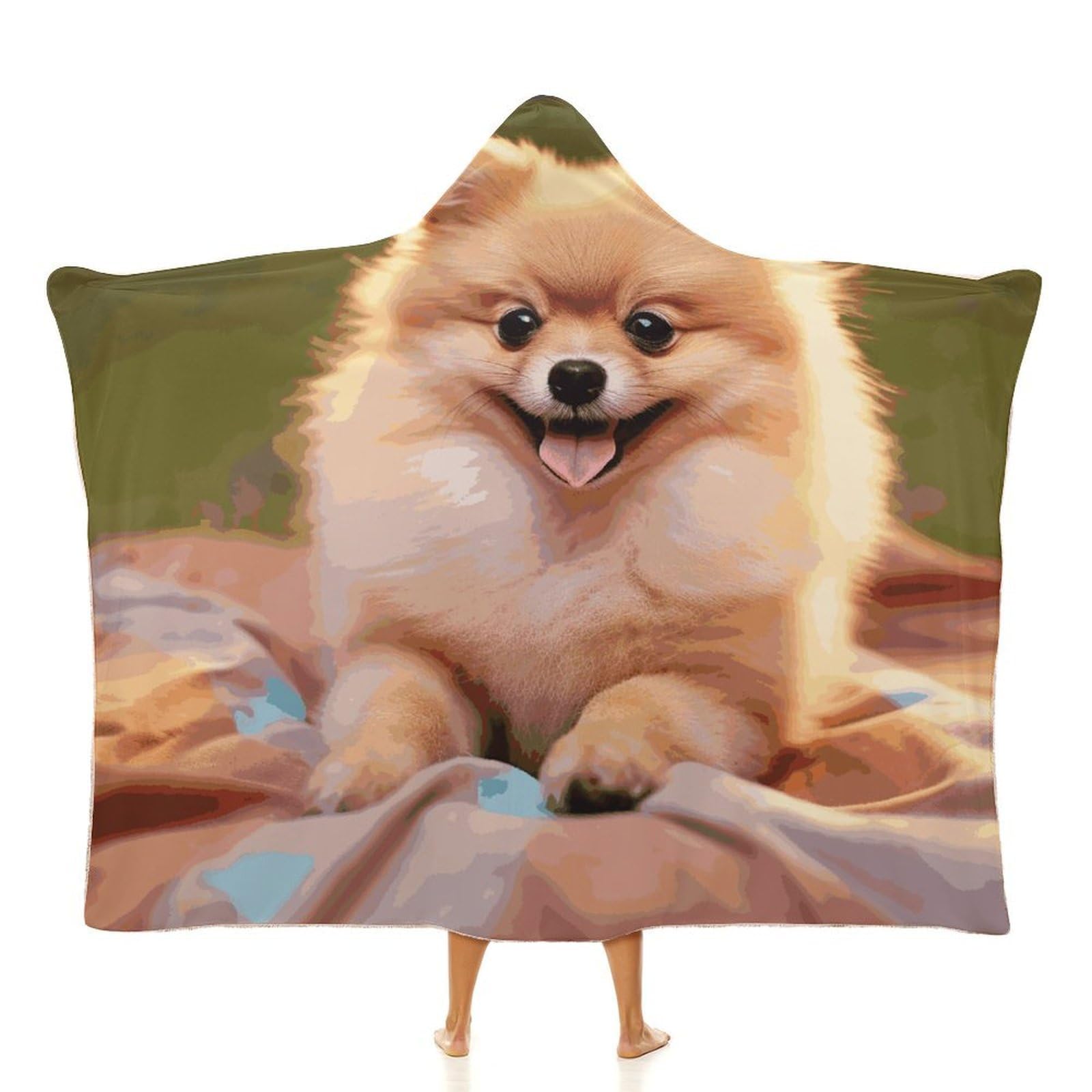 LDGSUPH Short-haired Pomeranian Blanket Hoodie Soft Wearable Blankets Cozy Hoodie Throw Cloak Wrap Hooded Blanket 60"x80"