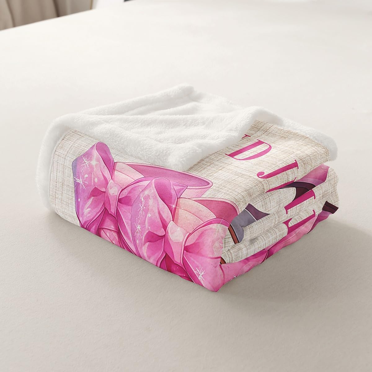 Pink Ice Skates Fleece Flannel Blanket,Girls Winter Sport Ice Skating Bed Blanket for Bed Sofa Couch,60"x80"Cute Princess Bowknot Bed Plush Blanket,Rustic Cloth Texture Print Lightweight Blanket