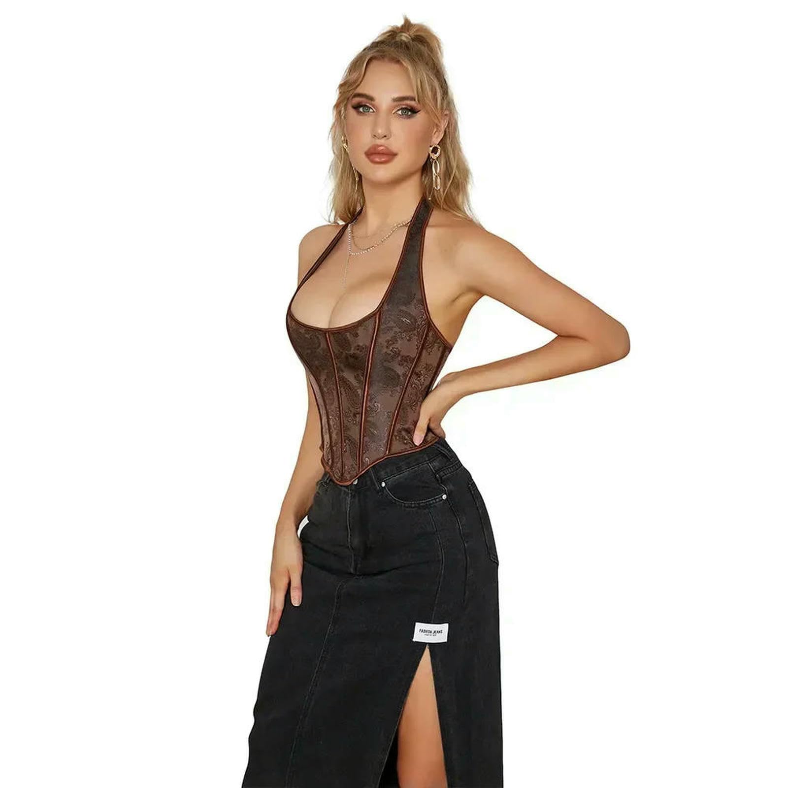 Ceinture amincissante Femme Corsetto Sexy con Cinturino Top Bustier Plus Size Donna Ricamo Fiore Overbust Corto Torso Lingerie-marrone-2xl
