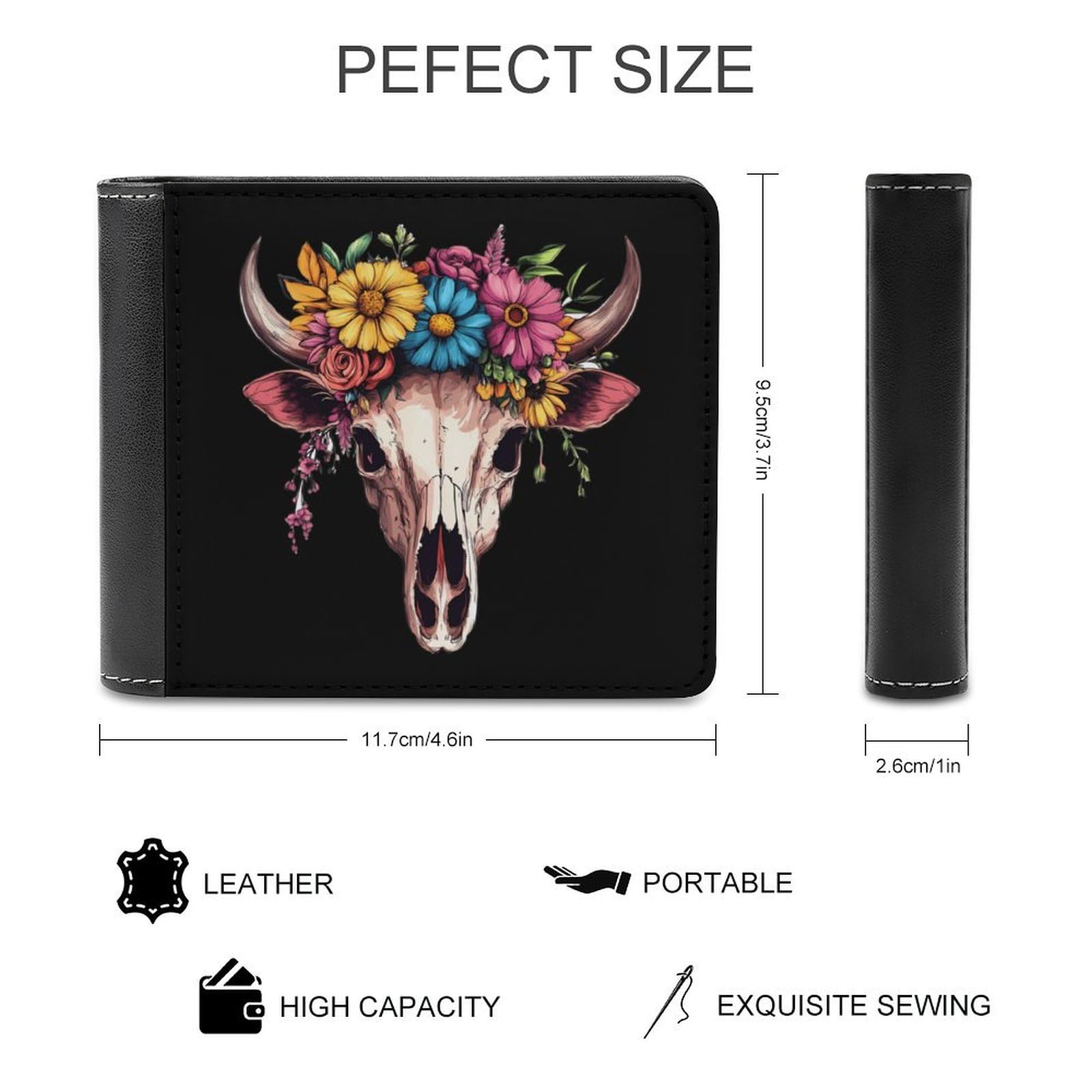 Cow Skull Flowers Bifold Wallet PU Leather Slim Purse Pocket Wallet with Card Holder for Women Men