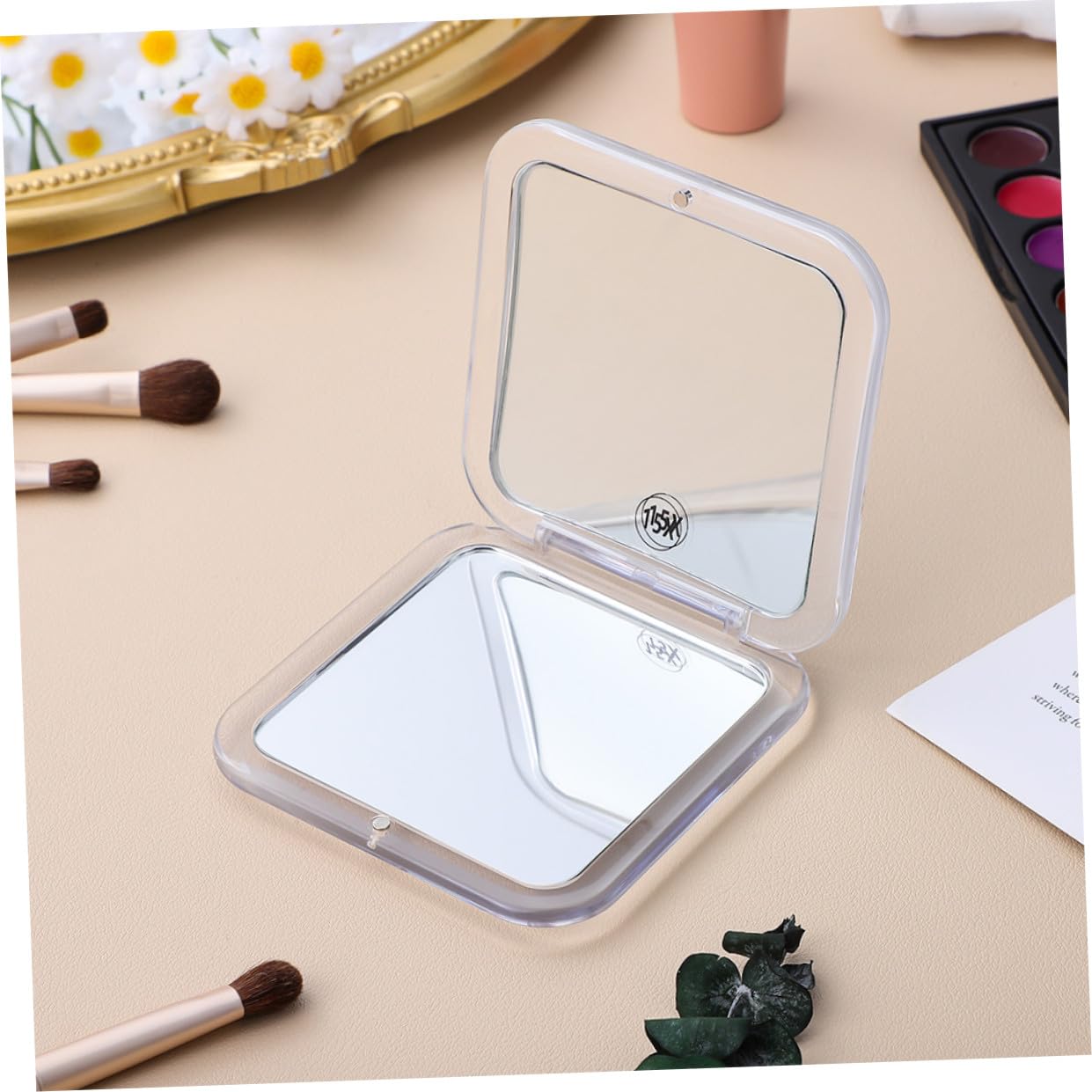 Espejo de Maquillaje Plegable Mini Cuadrado 15x 2 Piezas | Acrílico Blanco, Doble Cara 1x/15x, Portátil y Estable, Formato de Bolsillo para Bolso y Viaje