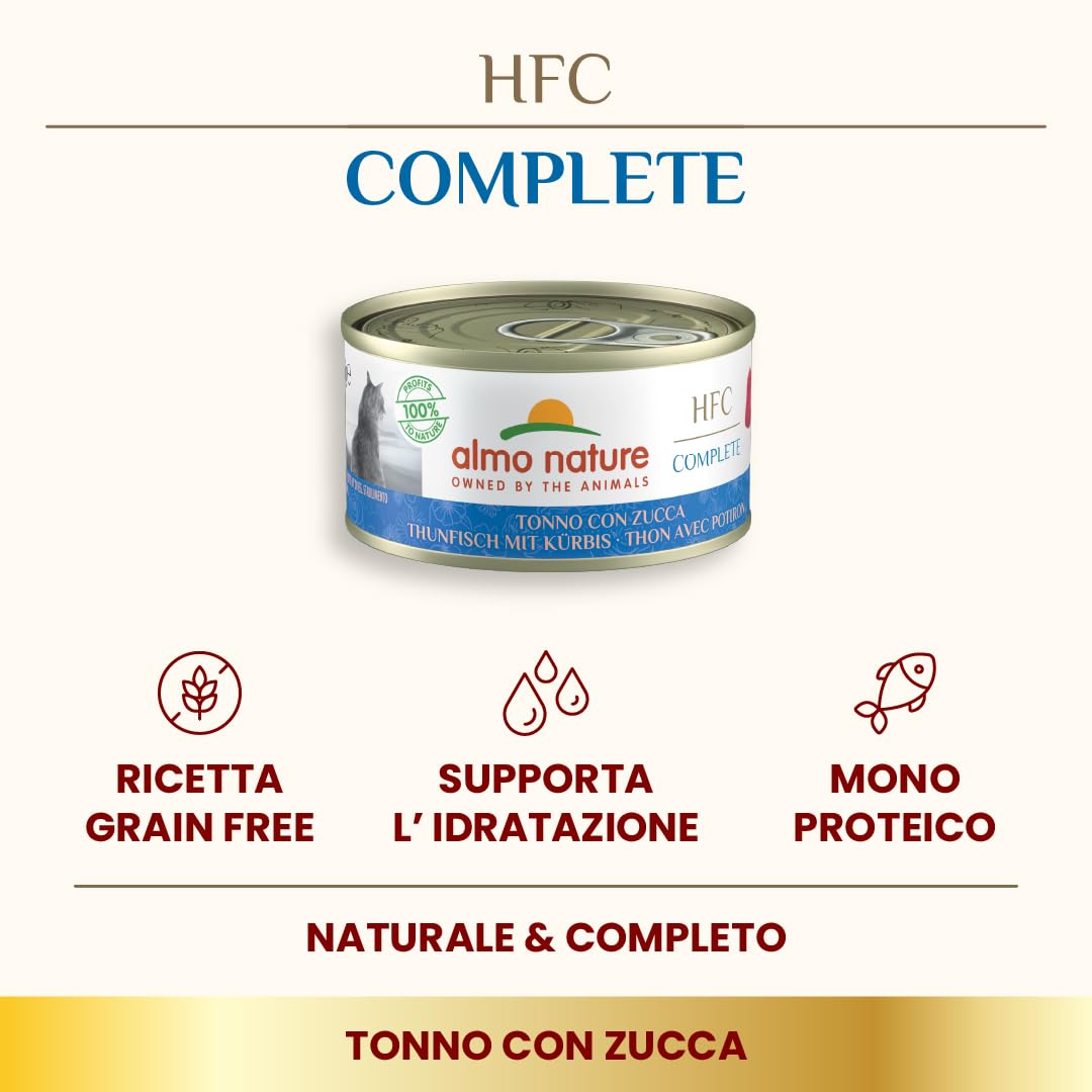 Almo Nature HFC Complete, Alimento Umido per Gatti Adulti - Tonno con Zucca, Senza Glutine- 70g, Confezione da 24
