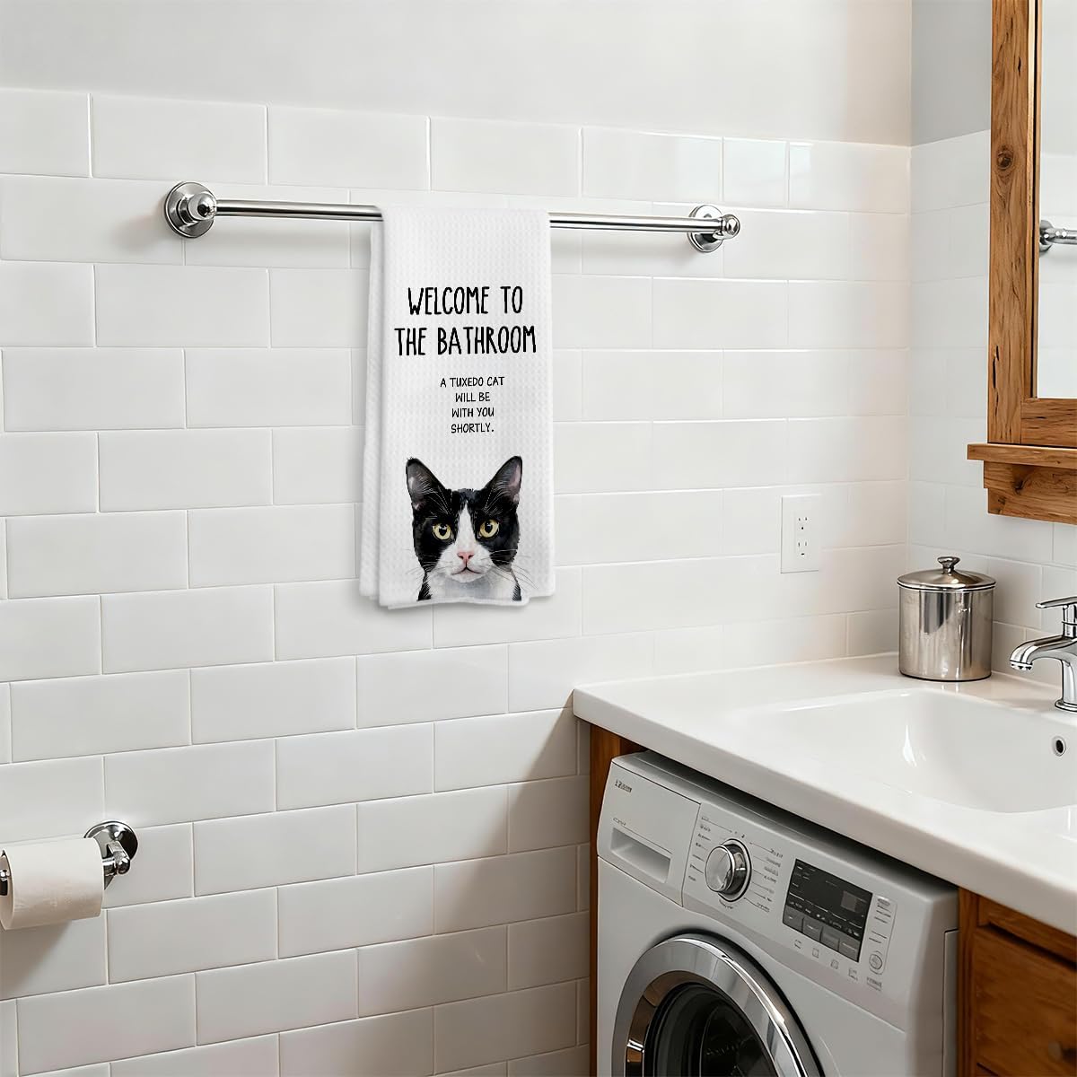 XUISWELL971 Tuxedo Cat Mom Lady Lovers Gifts for Women, Funny Welcome to The Bathroom A Tuxedo Cat Will Be with Hand Towels for Decor, 16x24 Inches - Image 4