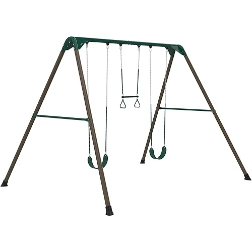 Lifetime 10‑Foot Metal Swing Set, 2 Belt Swings, Trapeze with Gym Rings, UV‑Resistant Powder‑Coated Steel, Soft‑Grip Chains, Free‑Standing No‑Cement Design, Low‑Maintenance Outdoor Playground Set