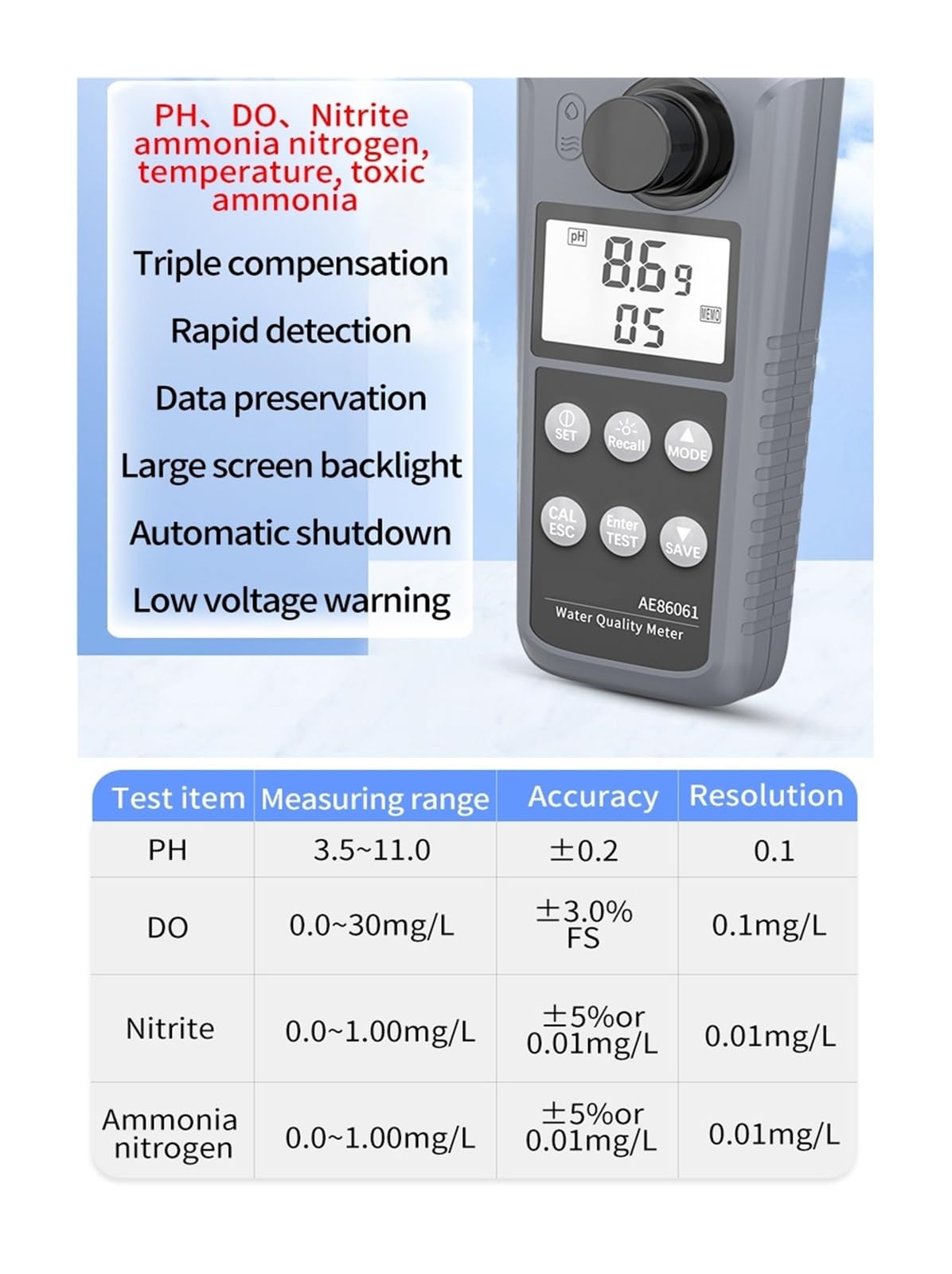 AE86061 Tester multiparametrico per la qualità dell'acqua per acquari con display retroilluminato | Misuratore di pH/ossigeno disciolto/temperatura/ammoniaca/nitriti e ossigeno disciolto con display