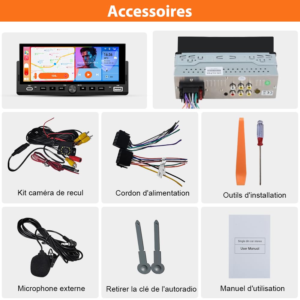 AWESAFE Autoradio Carplay 1 DIN avec CarPlay & Android Auto/6.86" Écran HD/FM, USB/Type-C/Caméra de Recul/Commande Vocale
