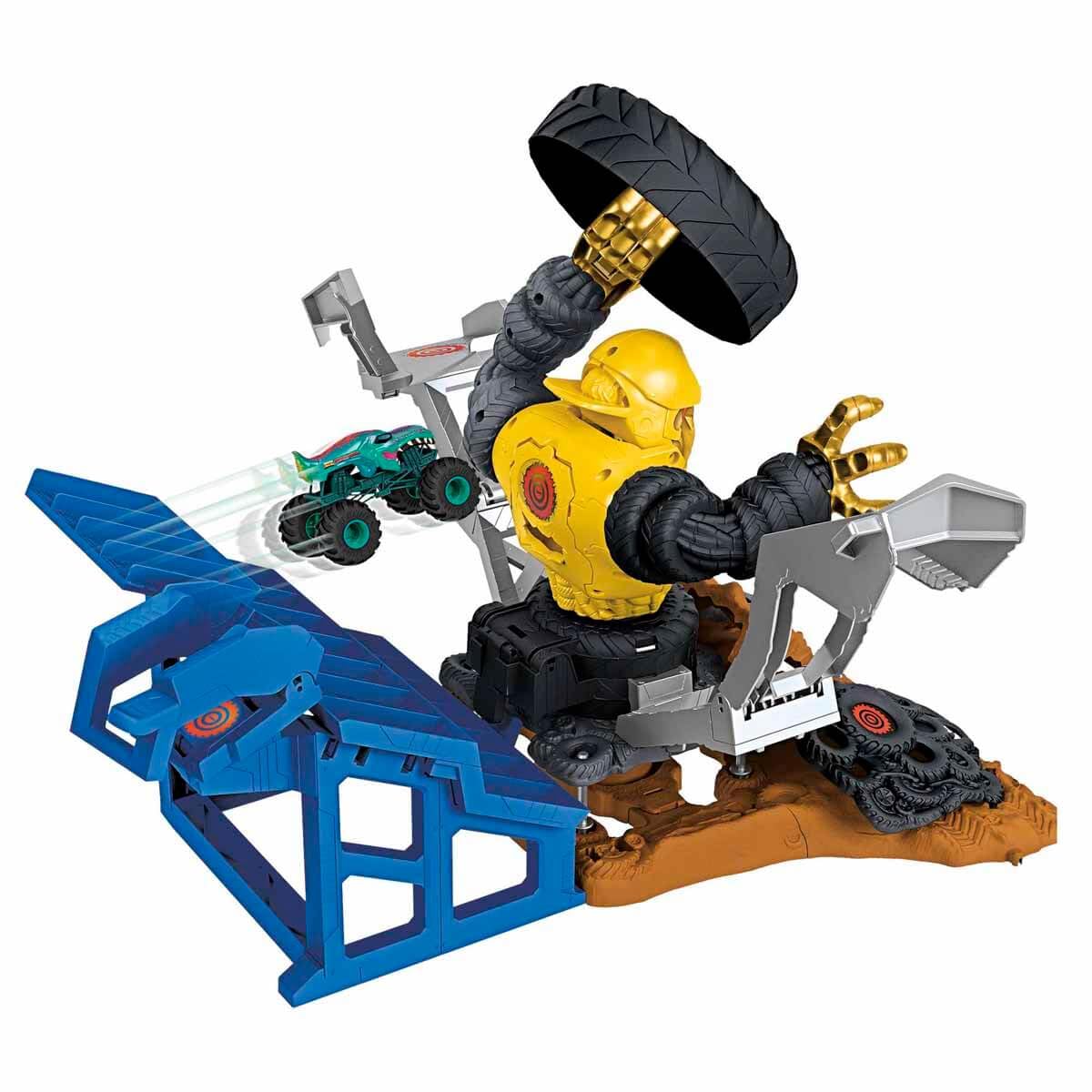 Hot Wheels Monster Trucks Arena Smashers – Arena Goryla Zestaw (Mega-Wrex w skali 1:64 vs Crushzilla, 2 samochodziki do „zmiażdżenia”), HPR47
