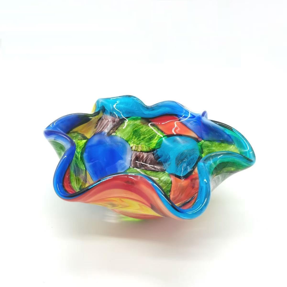 Yao Yuan Hand-Blown Art Glass Decorative Bowl, Multicolour Ruffled Edge, 22cm x 8.5cm, Round Decoration Centerpiece