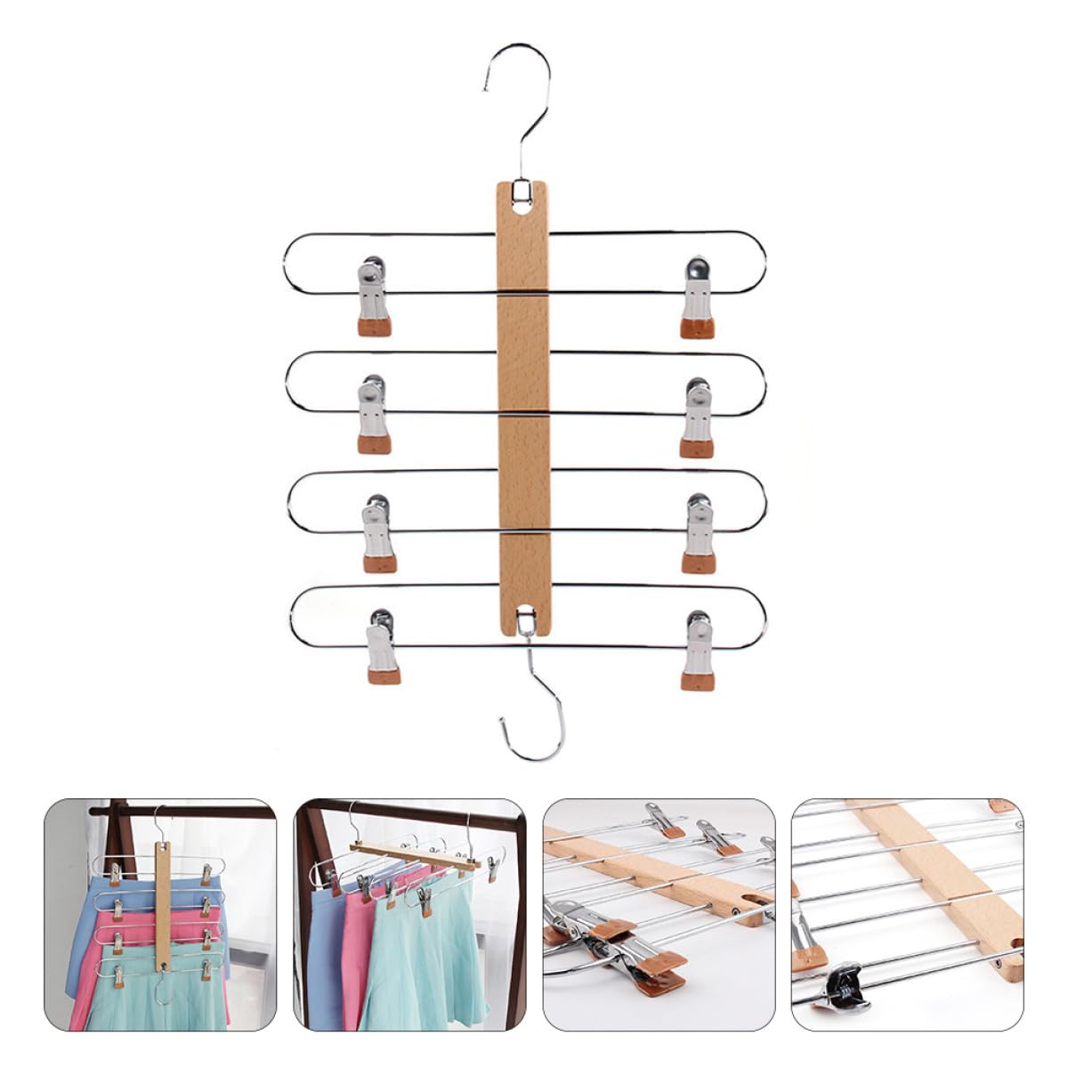 TOYANDONA Gruccia per Gonne con Clip in Legno Massello Telescopica Pieghevole, Supporto Multifunzionale per Guardaroba, Organizzatore Salvaspazio per Armadio